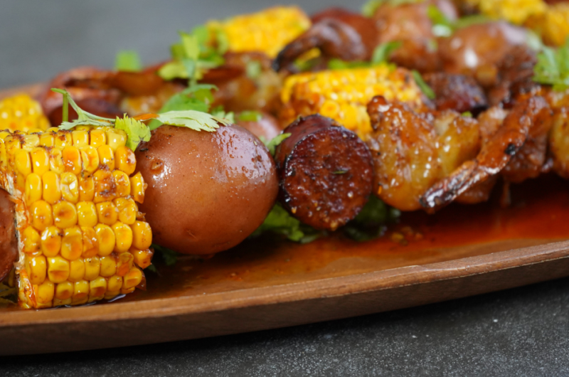 Grilled Boiled Seafood Kabobs with Garlic Cajun Butter Sauce
